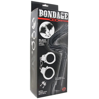 Bondage Whip, Feather Clamps & Cuffs Set in Black packed Calgary Same-Day Delivery Nasstoys