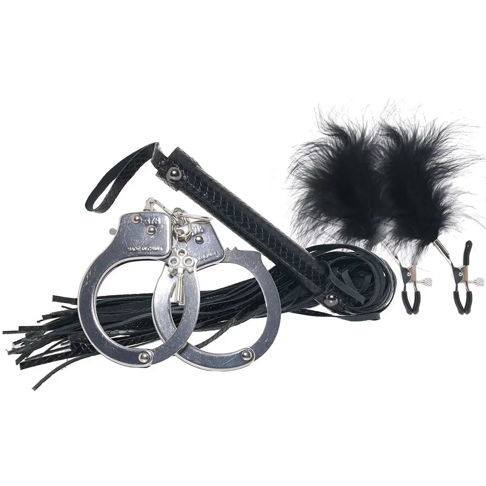 Bondage Whip, Feather Clamps & Cuffs Set in Black  picture of set Calgary Sex Toys in Calgary with Same-Day Delivery