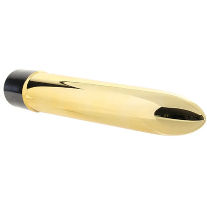Close-up of the Naughty Bits Gold Dicker Vibe from CalExotics, highlighting its sturdy shape and ten vibration modes.