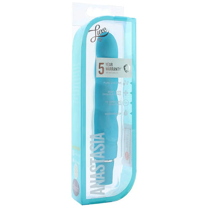 sex toy vibrator in blue on white background packed view Luxe Anastasia Vibe in Aqua Sex Toys Calgary Same-Day Delivery